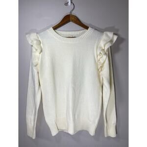 Jodifl‎ Sweater Women Ivory Ruffle Crewneck Long Sleeve Tight Knit Pullover